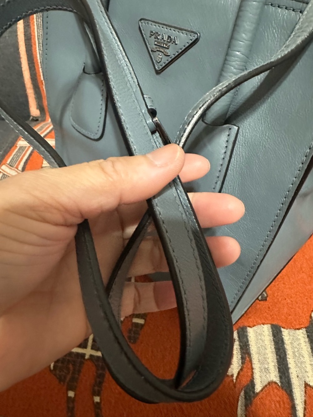 PRADA ❤️🌟 BLUE-GRAY LEATHER TOP-HANDLE SARCHEL W/ DETACHABLE LONG STRAP⭐️ - Picture 6 of 11